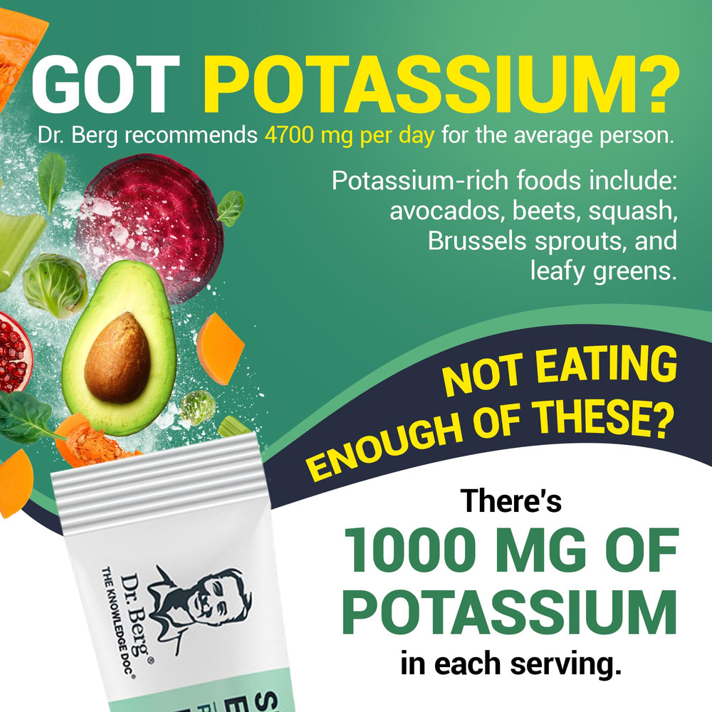 Dr. Berg electrolyte powder delivering 1000 mg potassium per serving.