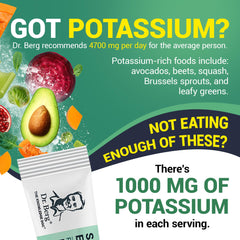 Dr. Berg electrolyte powder delivering 1000 mg potassium per serving.