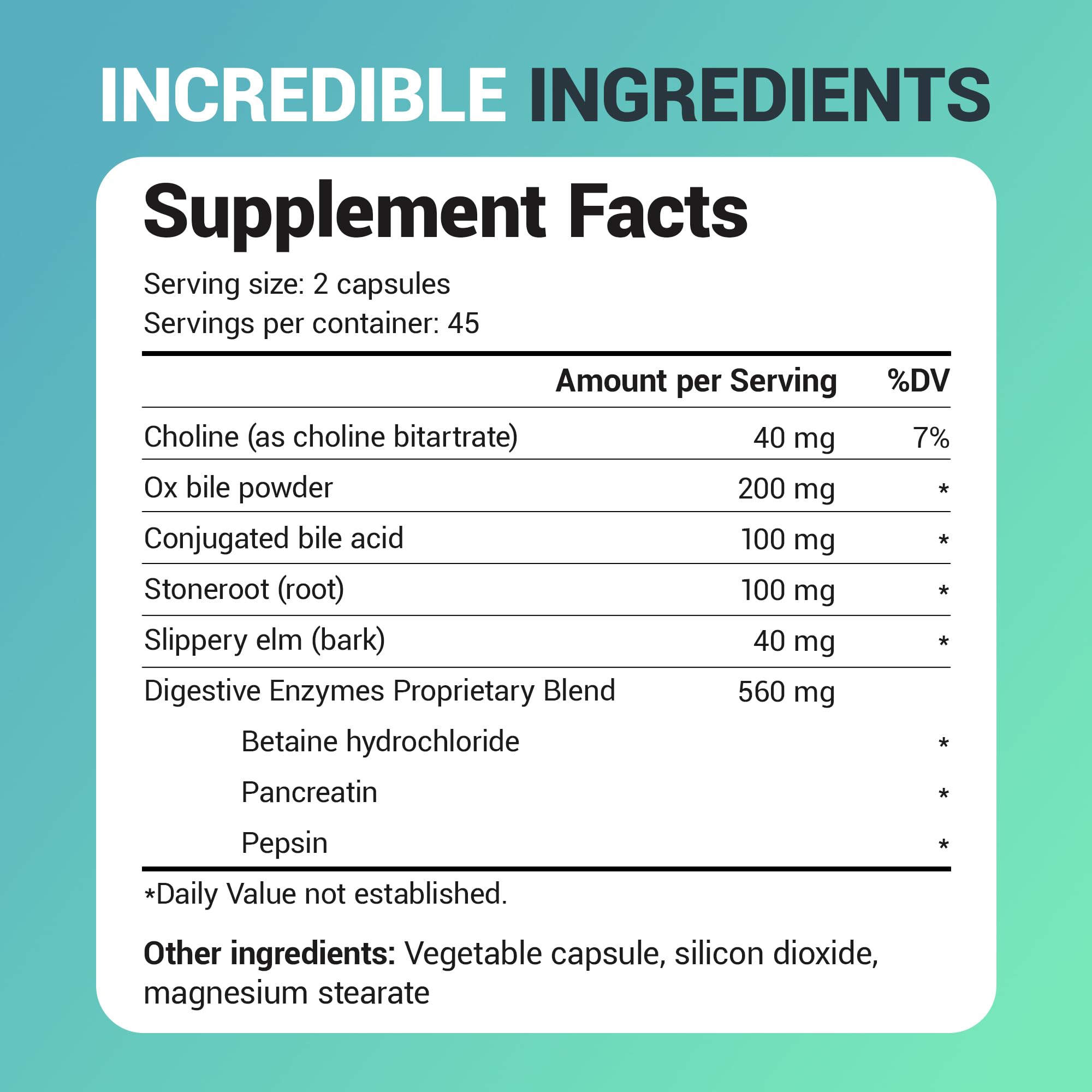 Dr. Berg Gallbladder Formula two capsules daily dosage shown with meal guidance.