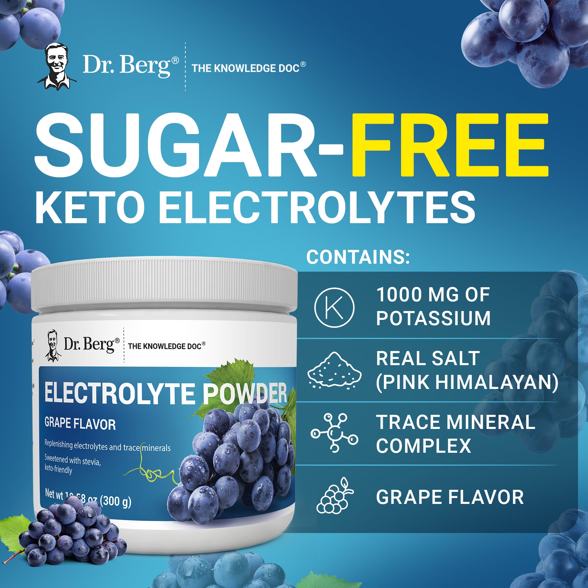 Dr. Berg grape flavor powder closeup suggesting tasty, sugar-free hydration.