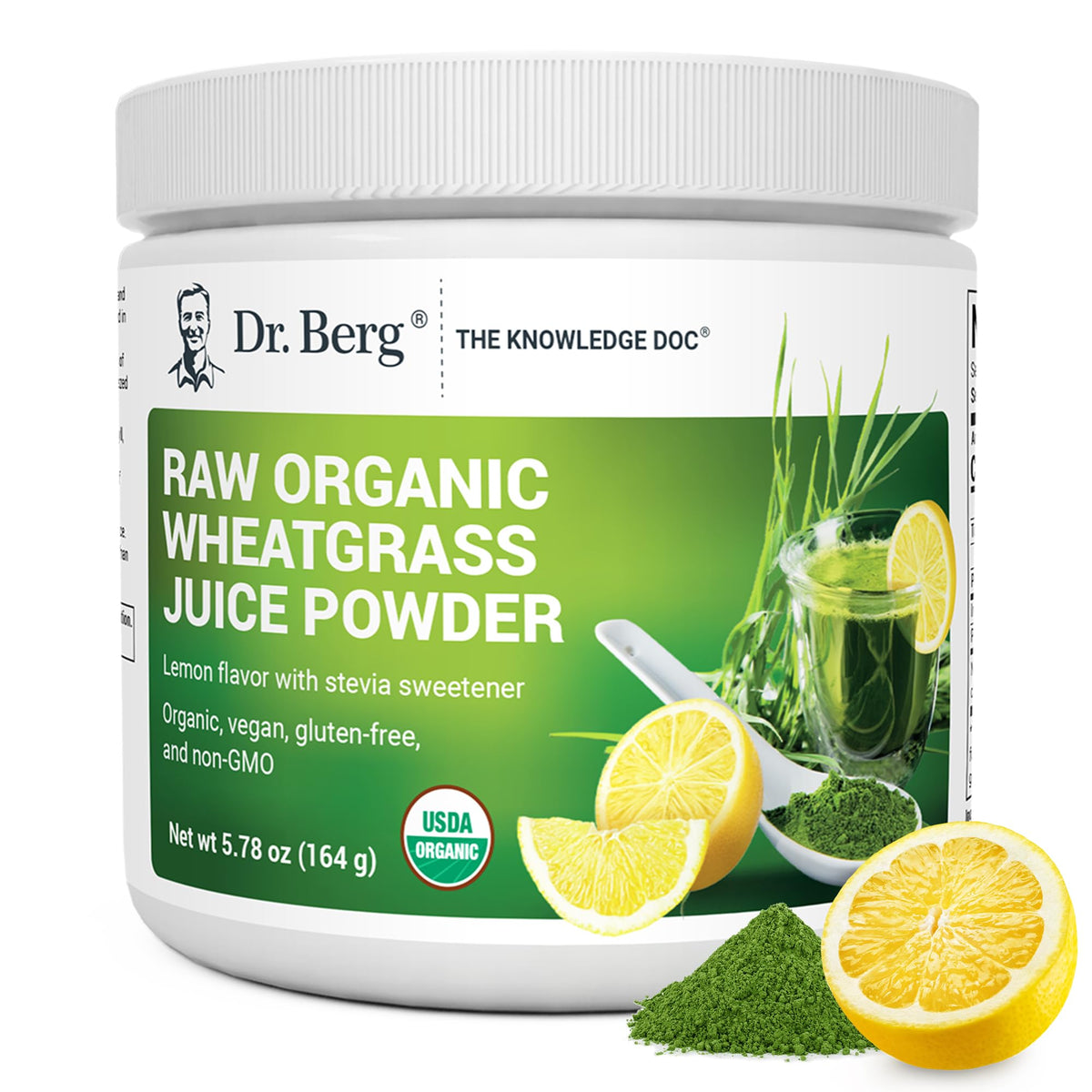 Dr. Berg Green Powder Lemon bottle shown, a convenient daily greens boost.