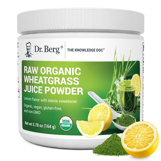 Dr. Berg Green Powder Lemon bottle shown, a convenient daily greens boost.