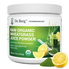 Dr. Berg Green Powder Lemon bottle shown, a convenient daily greens boost.