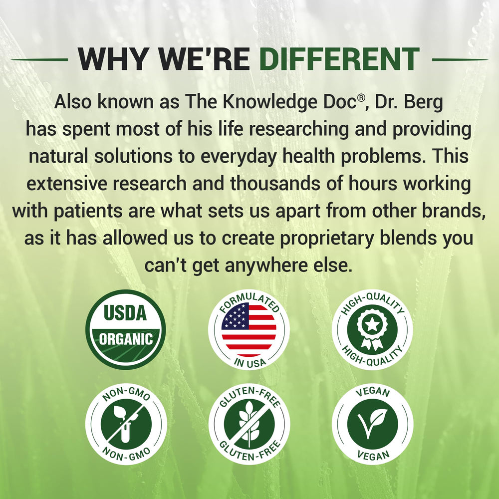 Organic certification badge on Dr. Berg Green Powder box informs quality.