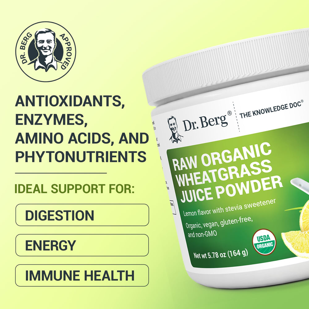 Dr. Berg Green Powder packaging highlights organic certification and quality.