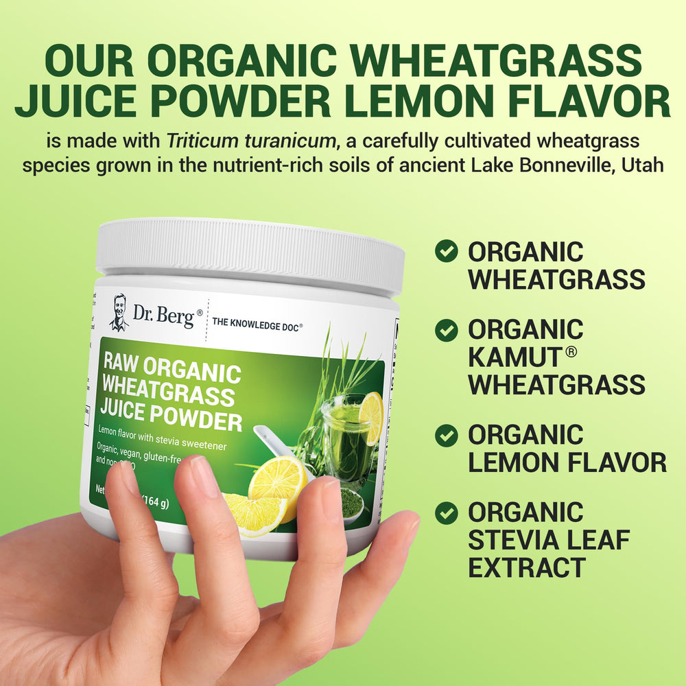 Dr. Berg Green Powder beside fresh wheatgrass, signaling natural nutrition.