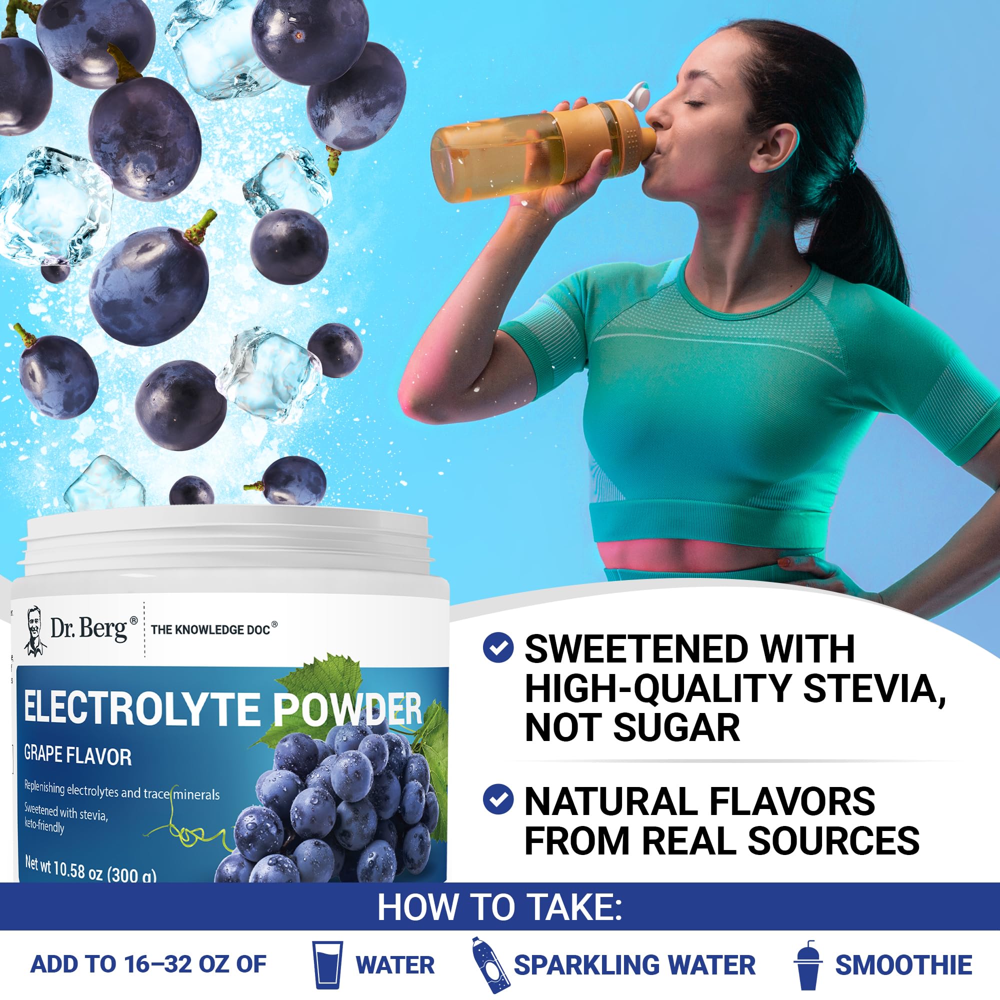 Dr. Berg hydration 50-serving label emphasizes longevity and daily use.
