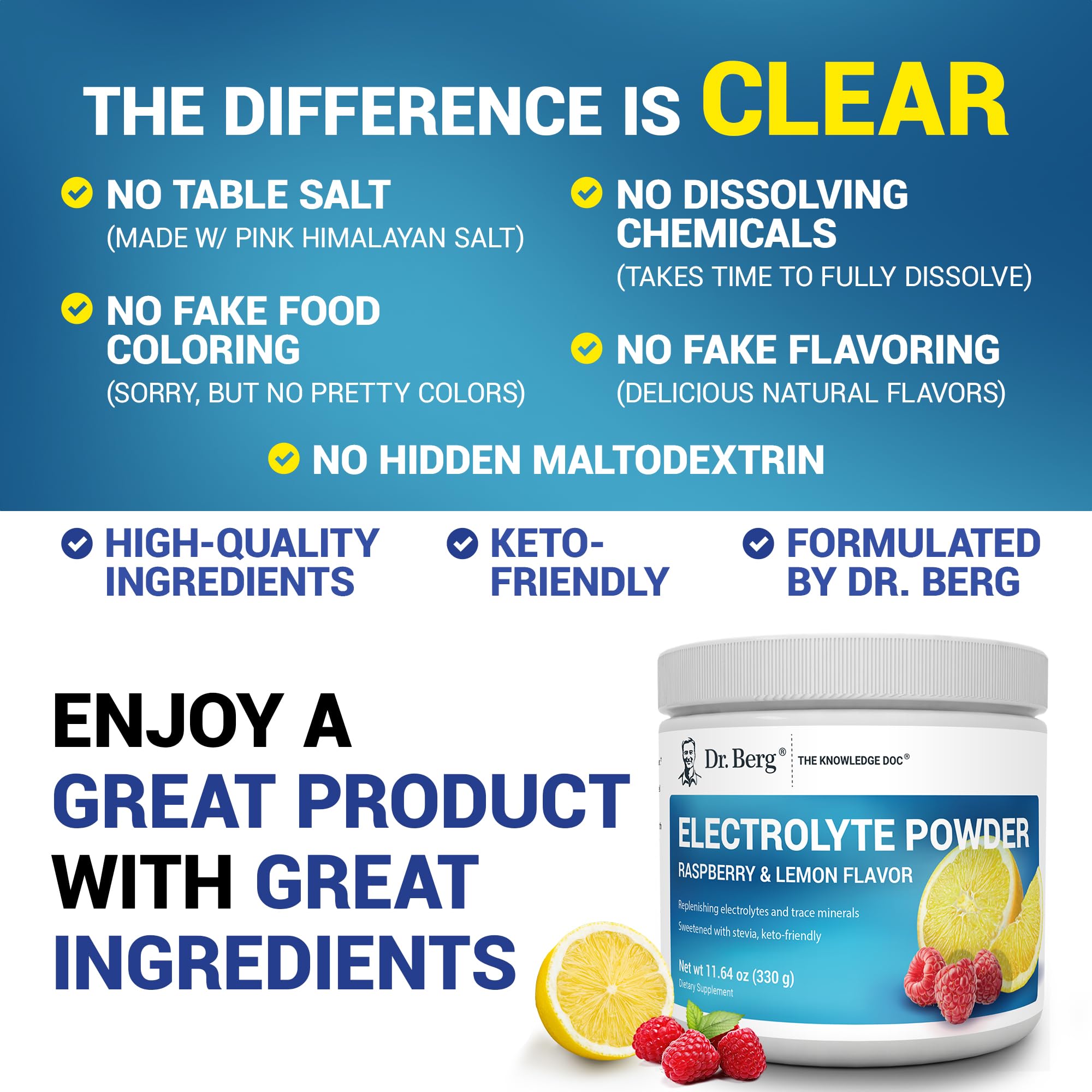 Dr. Berg hydration glass with dissolved powder illustrating easy mixing and refreshing taste