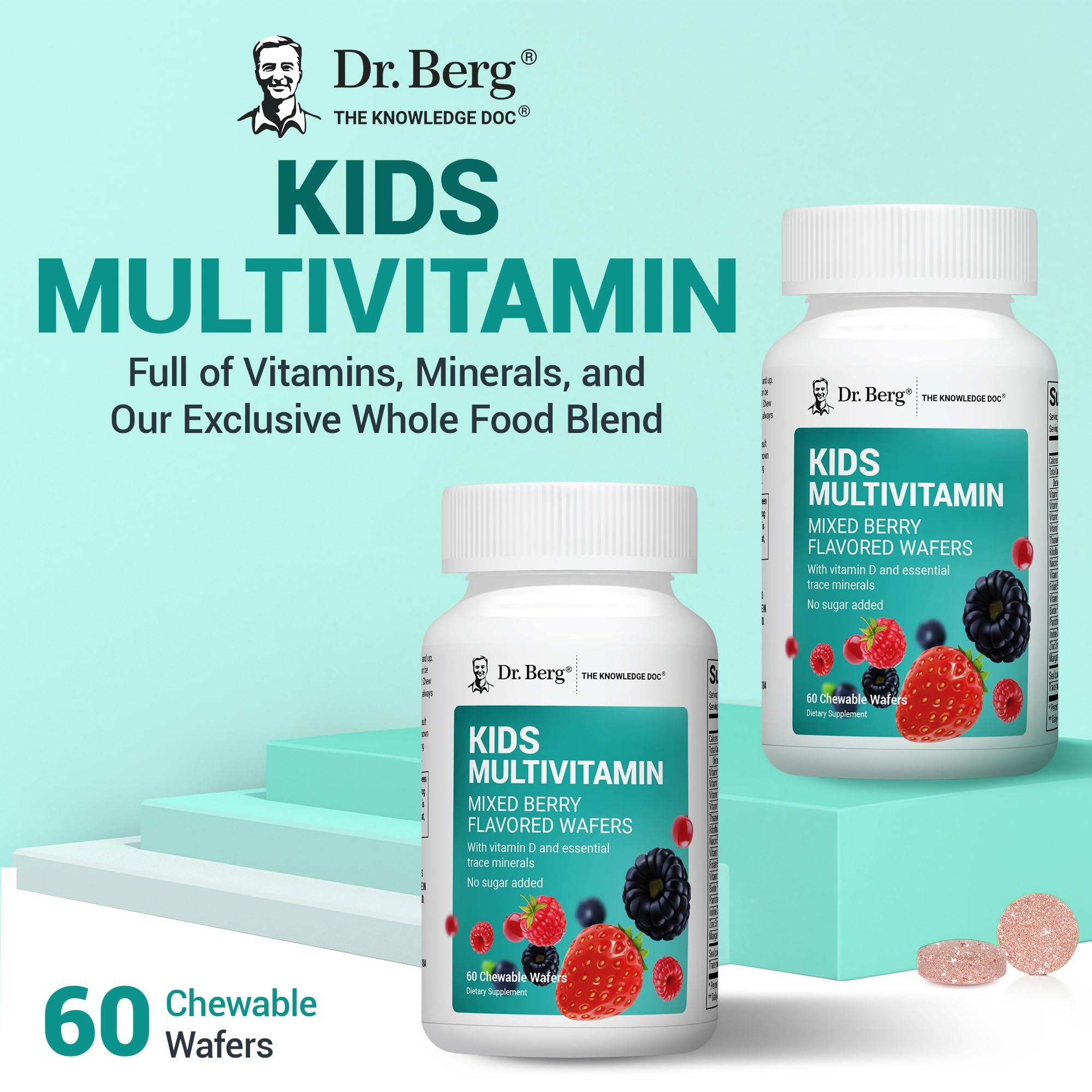 Dr. Berg Kids Chewable Multivitamins berry wafers closeup; appealing texture for kids.