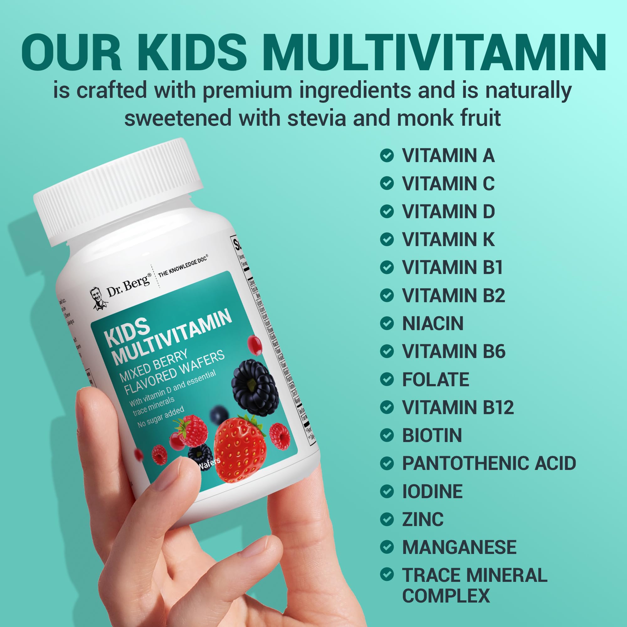 Dr. Berg Kids Chewable Multivitamins berry wafers ingredients list; shows nutrient diversity.