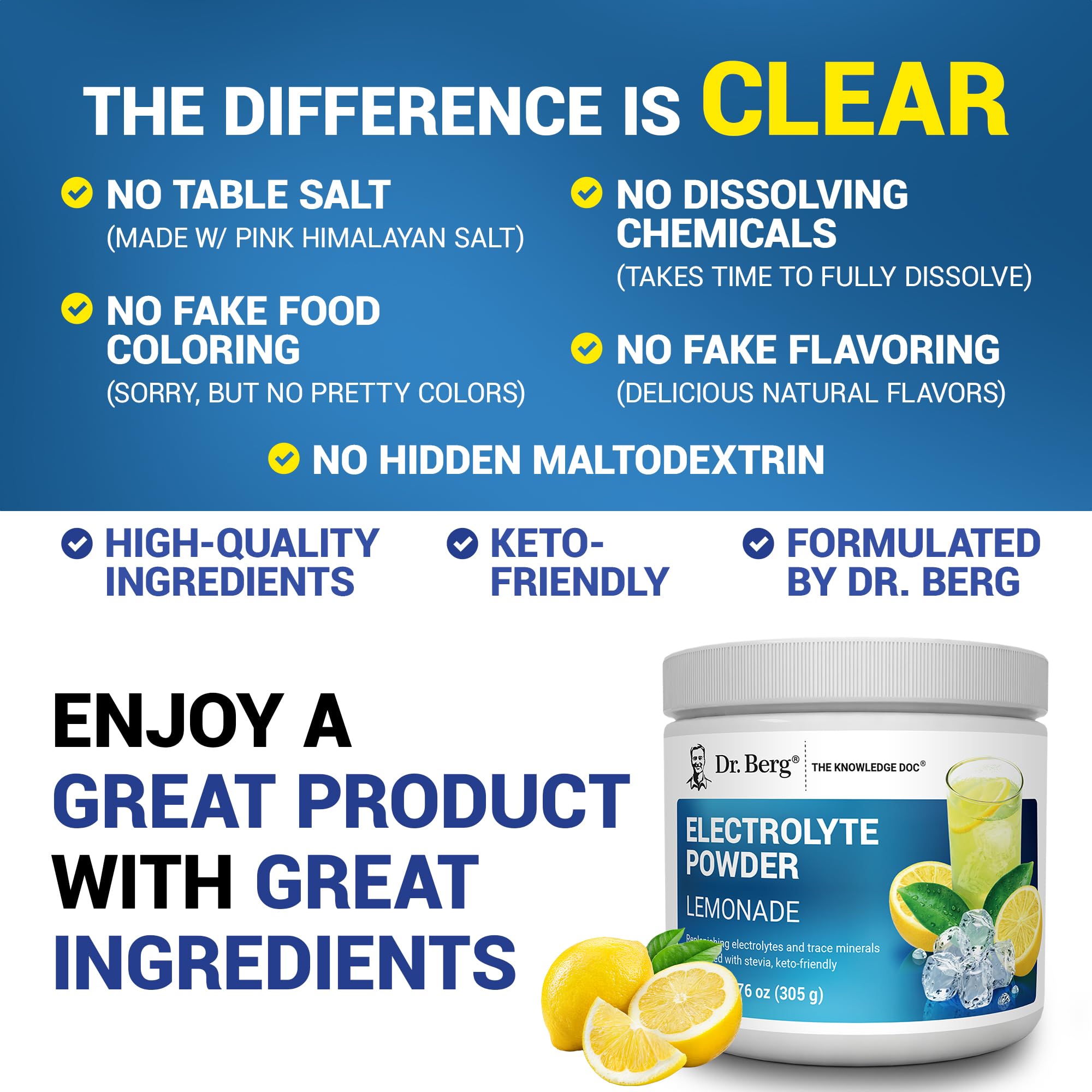 Dr. Berg Lemonade hydration glass showcases refreshing sugar-free electrolyte drink.