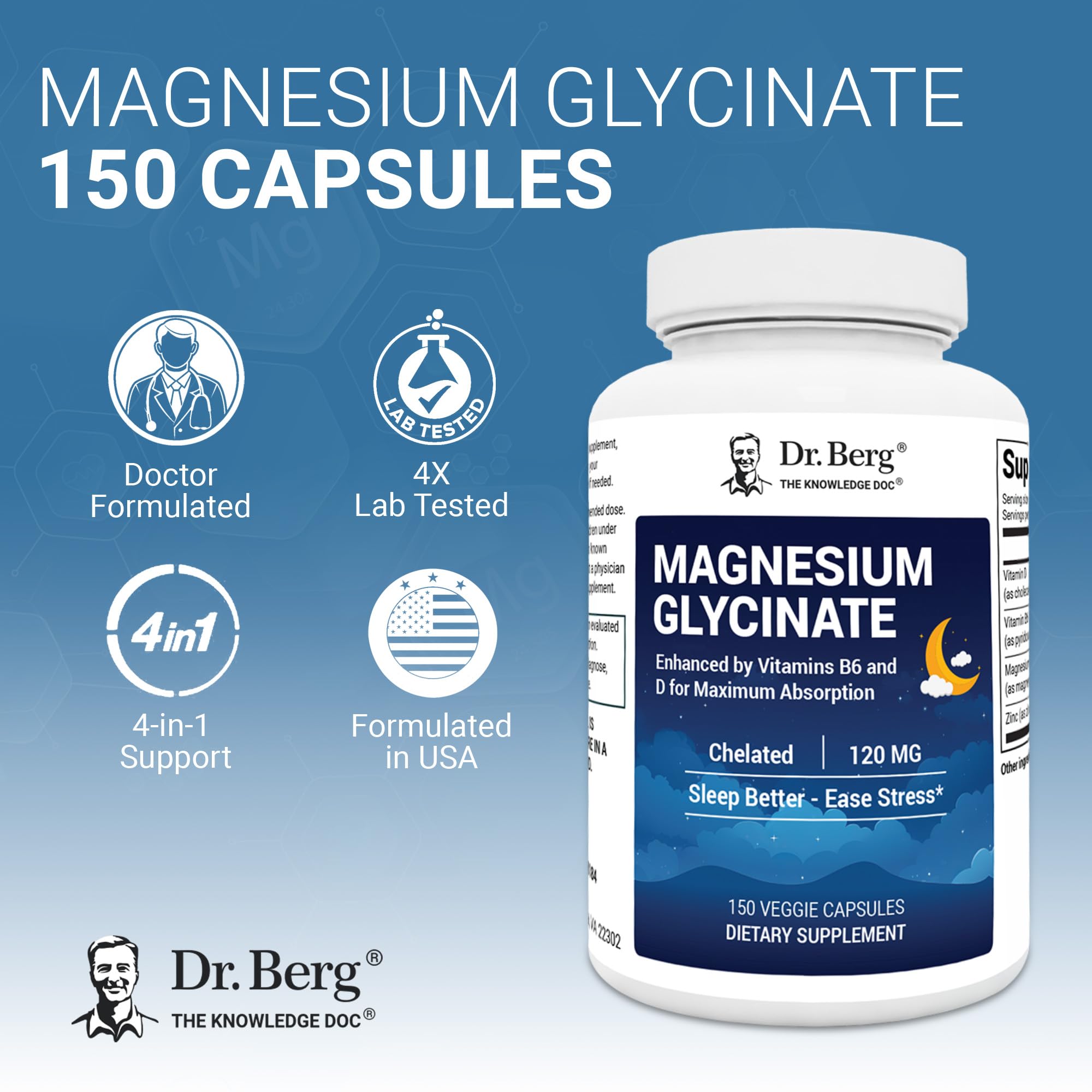 Dr. Berg capsules closeup showing chelated magnesium for muscle and nerve function.
