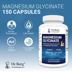 Dr. Berg capsules closeup showing chelated magnesium for muscle and nerve function.