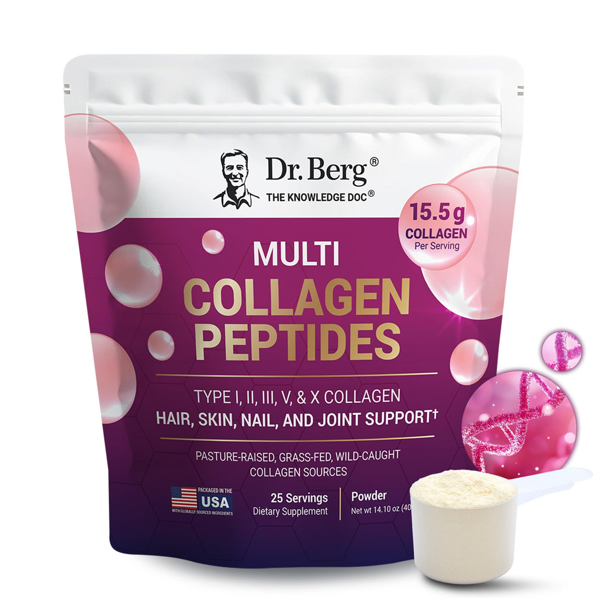 Dr. Berg Multi Collagen Peptides bottle on display, emphasizing premium collagen powder for joints