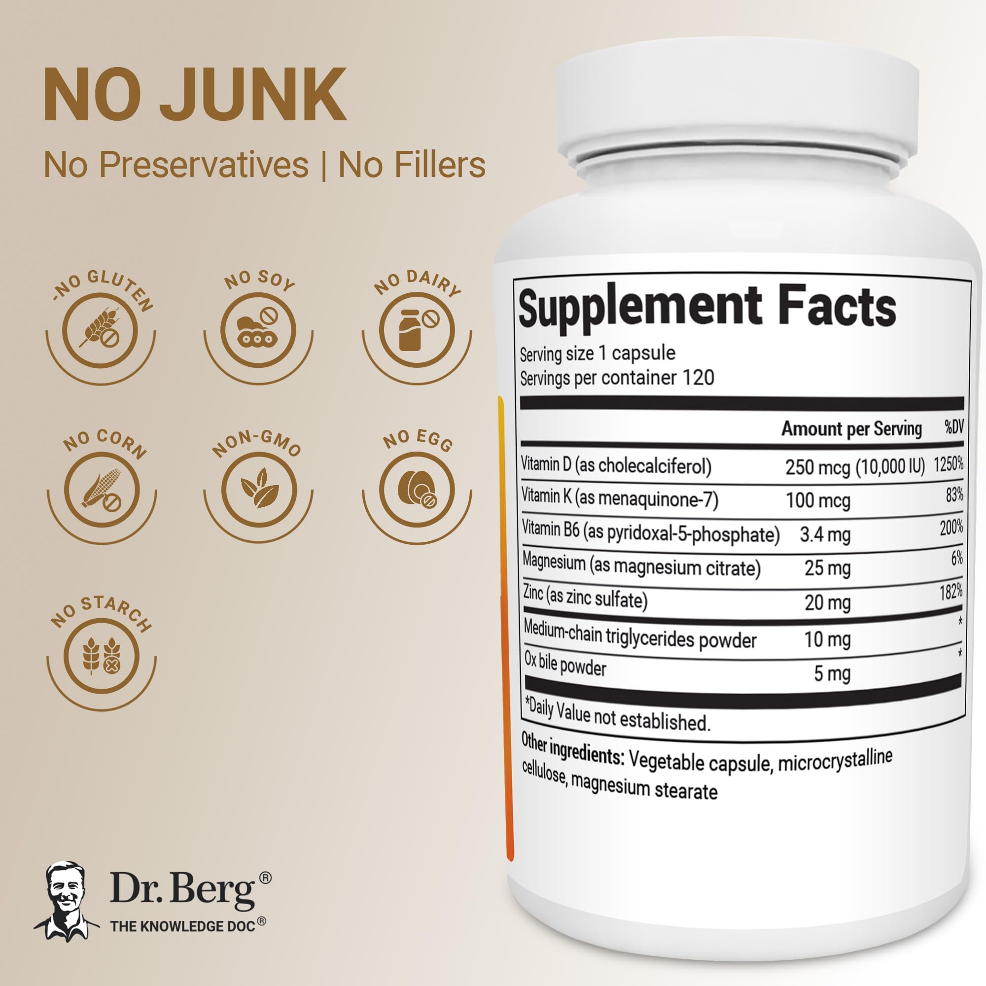 Dr. Berg Nutritionals capsules close-up with D3, K2, magnesium and zinc