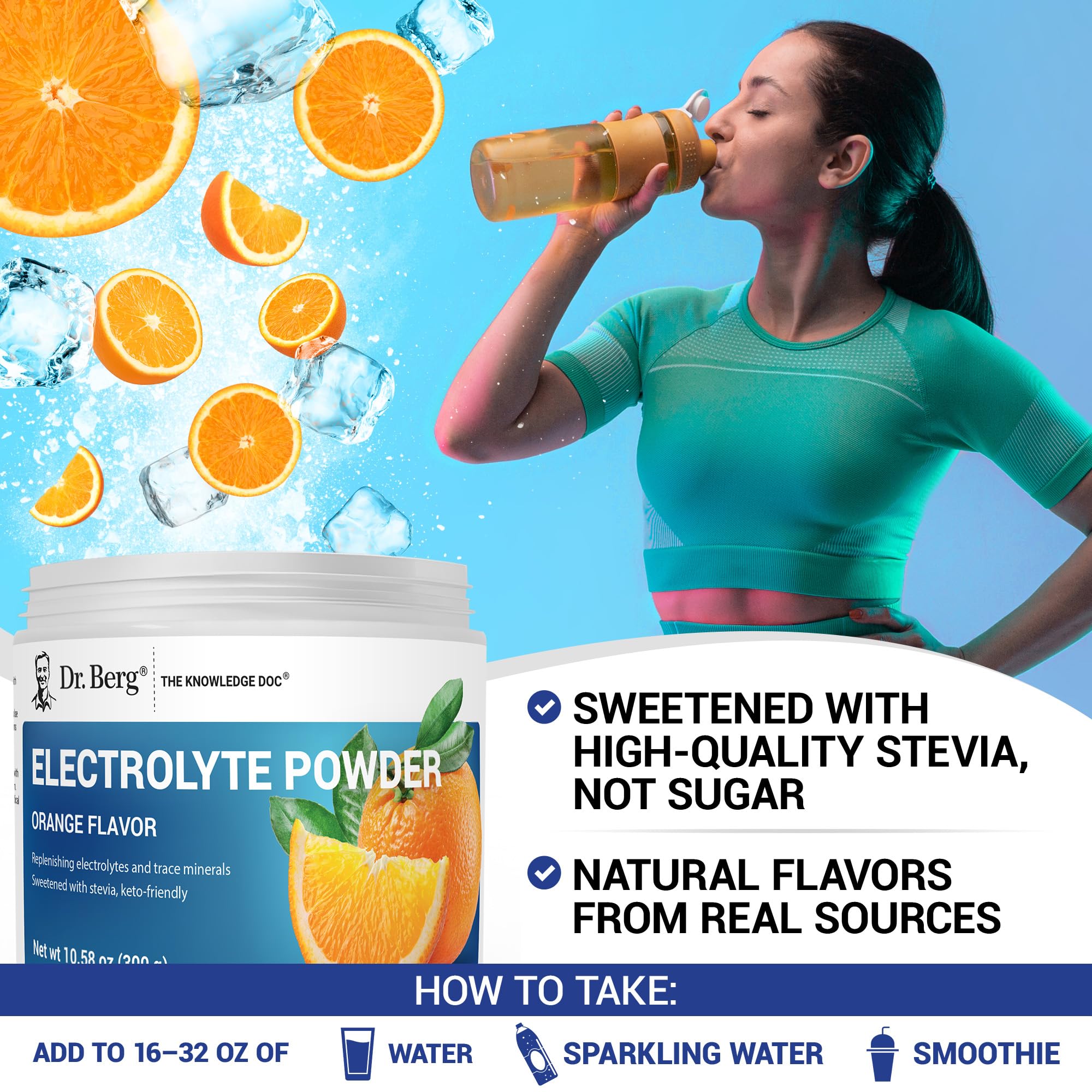 Powder dissolving and stirring in water with Dr. Berg Nutritionals formula.