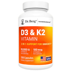 Dr. Berg Nutritionals Vitamin D3 & K2 bottle pour showing immune support potential