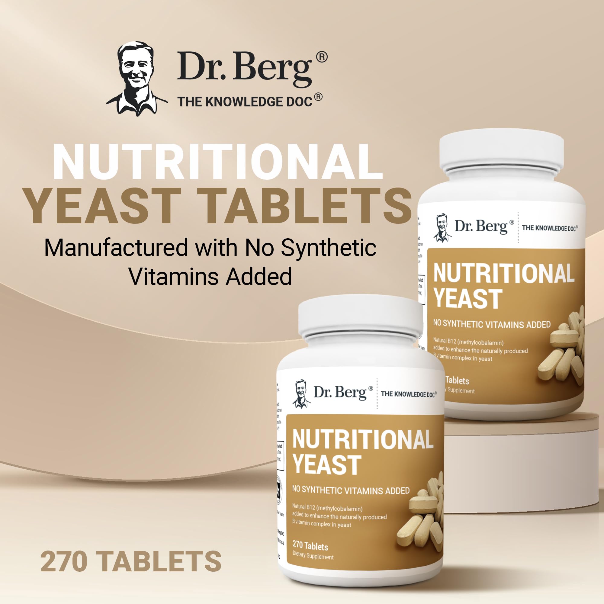 Dr. Berg yeast tablets 270-count packaging on shelf, long-lasting vegan supplement.