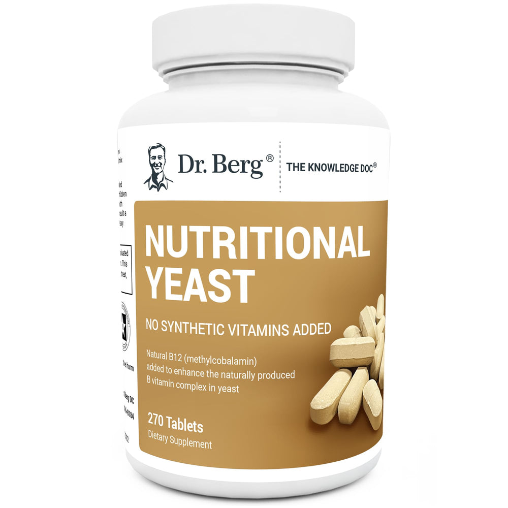Dr. Berg Nutritionals yeast tablets bottle front with 270 vegan tablets for daily use.