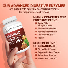 Dr. Berg capsules beside a plate showing meal use and digestion support benefit