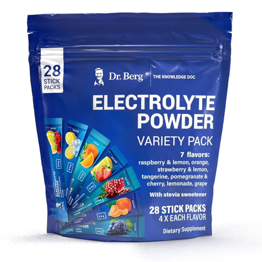 Dr. Berg packets arranged to highlight seven flavors for daily hydration variety
