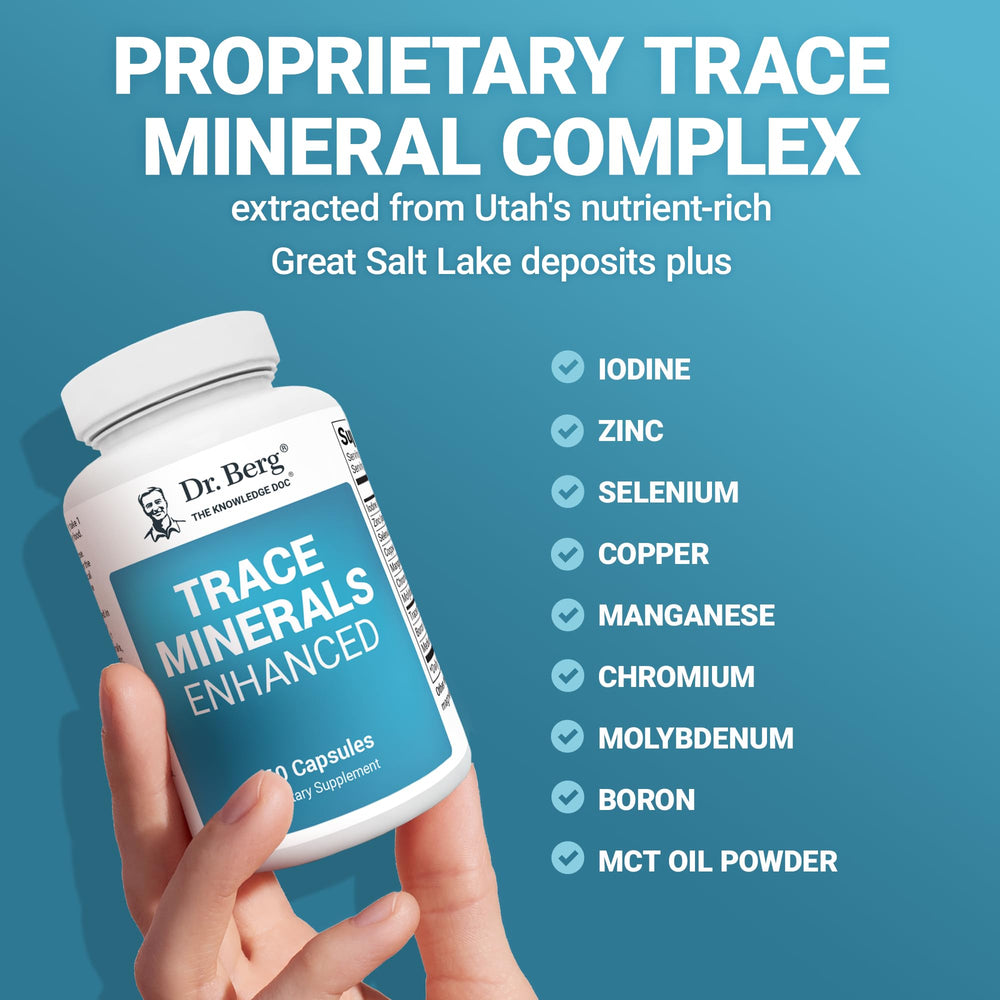 Dr. Berg Trace Minerals Enhanced 70 minerals graphic indicating broad spectrum