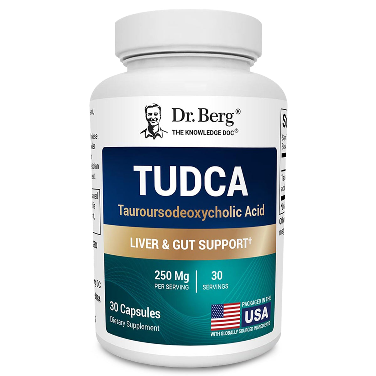 Dr. Berg Tudca bottle closeup highlighting high-potency capsules for liver support