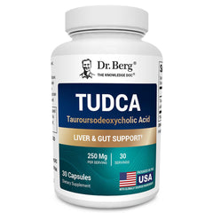 Dr. Berg Tudca bottle closeup highlighting high-potency capsules for liver support