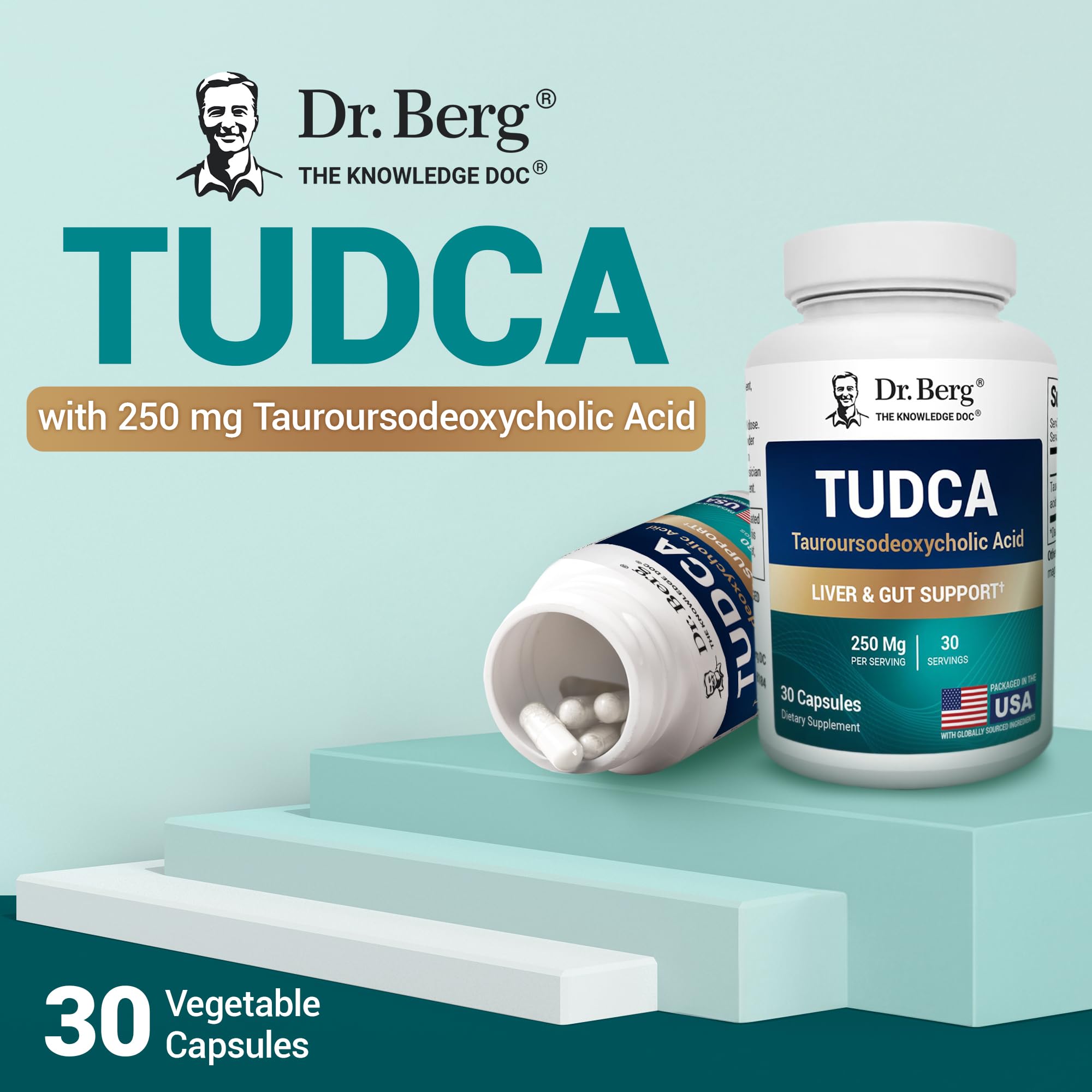 Dr. Berg Tudca bottle on a neutral surface for liver and digestion support