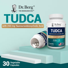 Dr. Berg Tudca bottle on a neutral surface for liver and digestion support