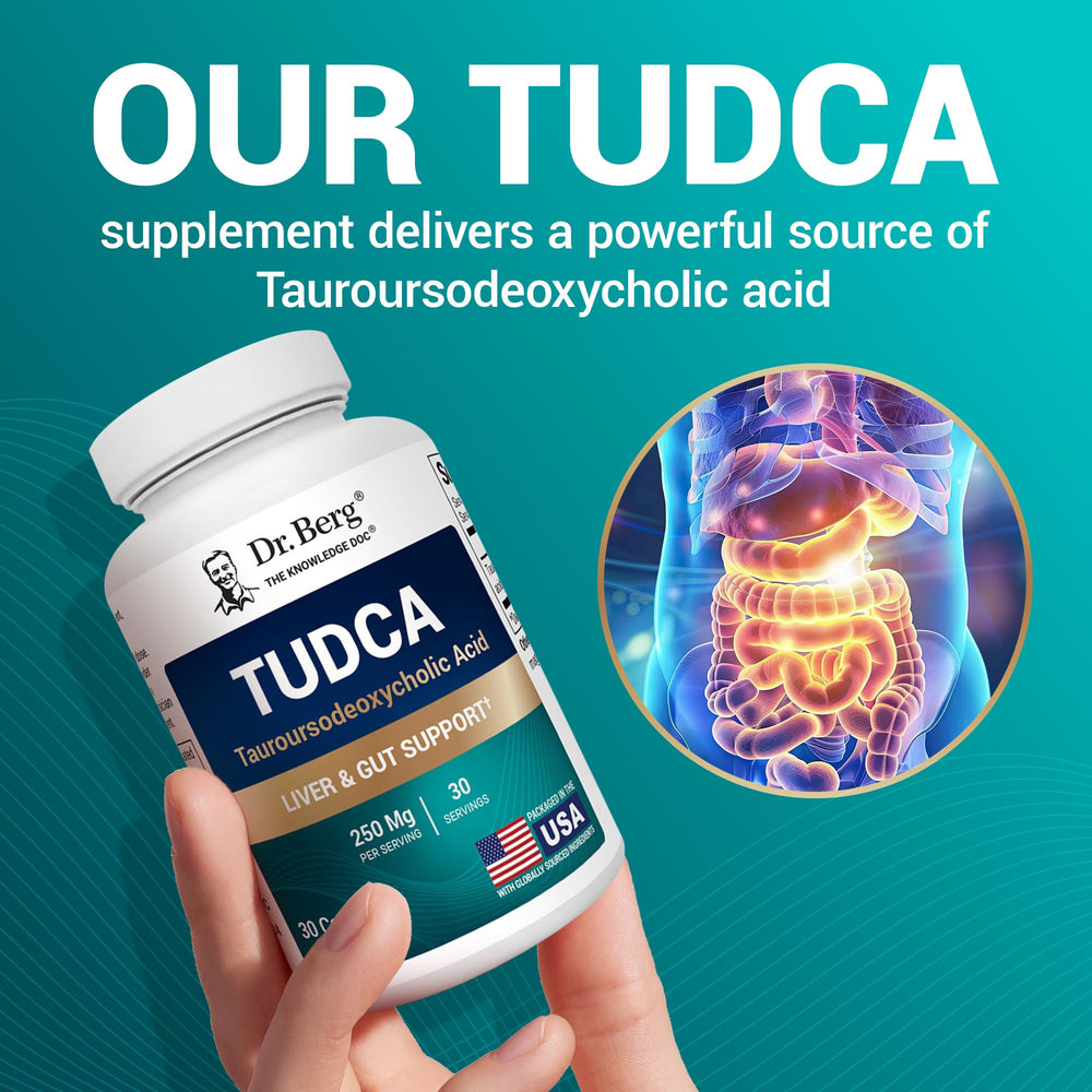Dr. Berg Tudca packaging with branding on a clean countertop
