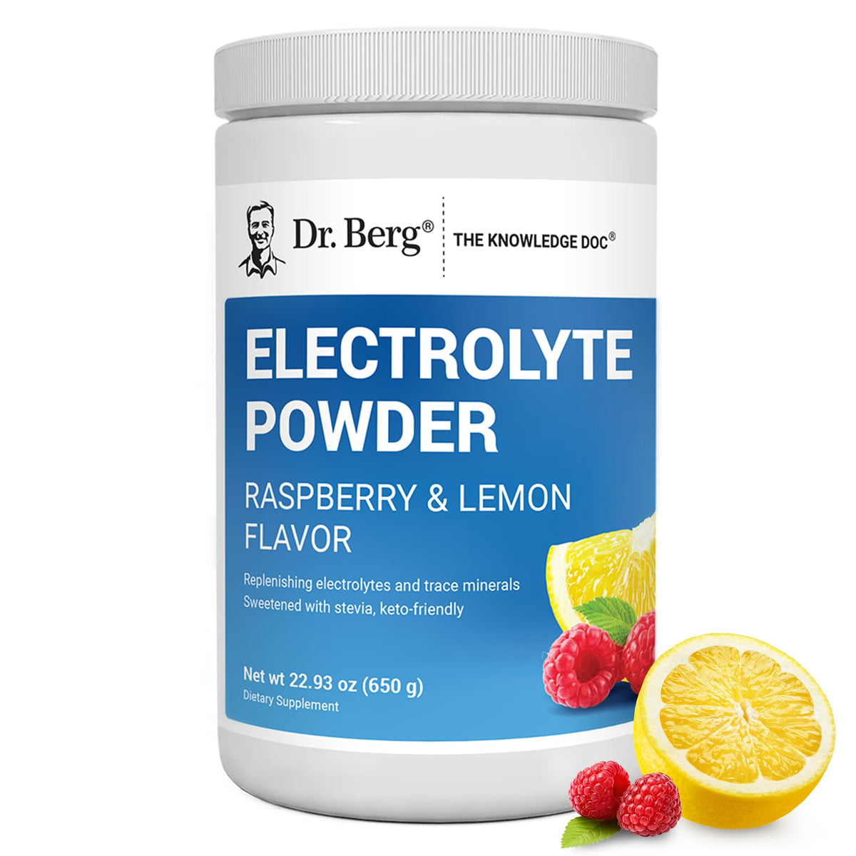 Dr. Berg Zero Sugar Hydration bottle cap close-up highlighting premium electrolytes for active hydration