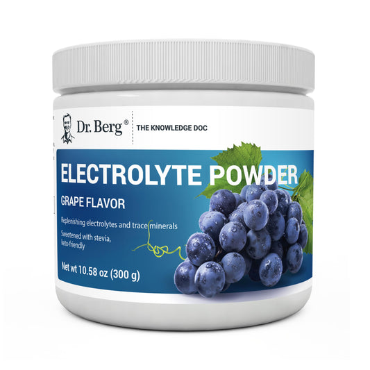 Dr. Berg Zero Sugar Hydration grape bottle showcases a sugar-free electrolyte option for workouts.