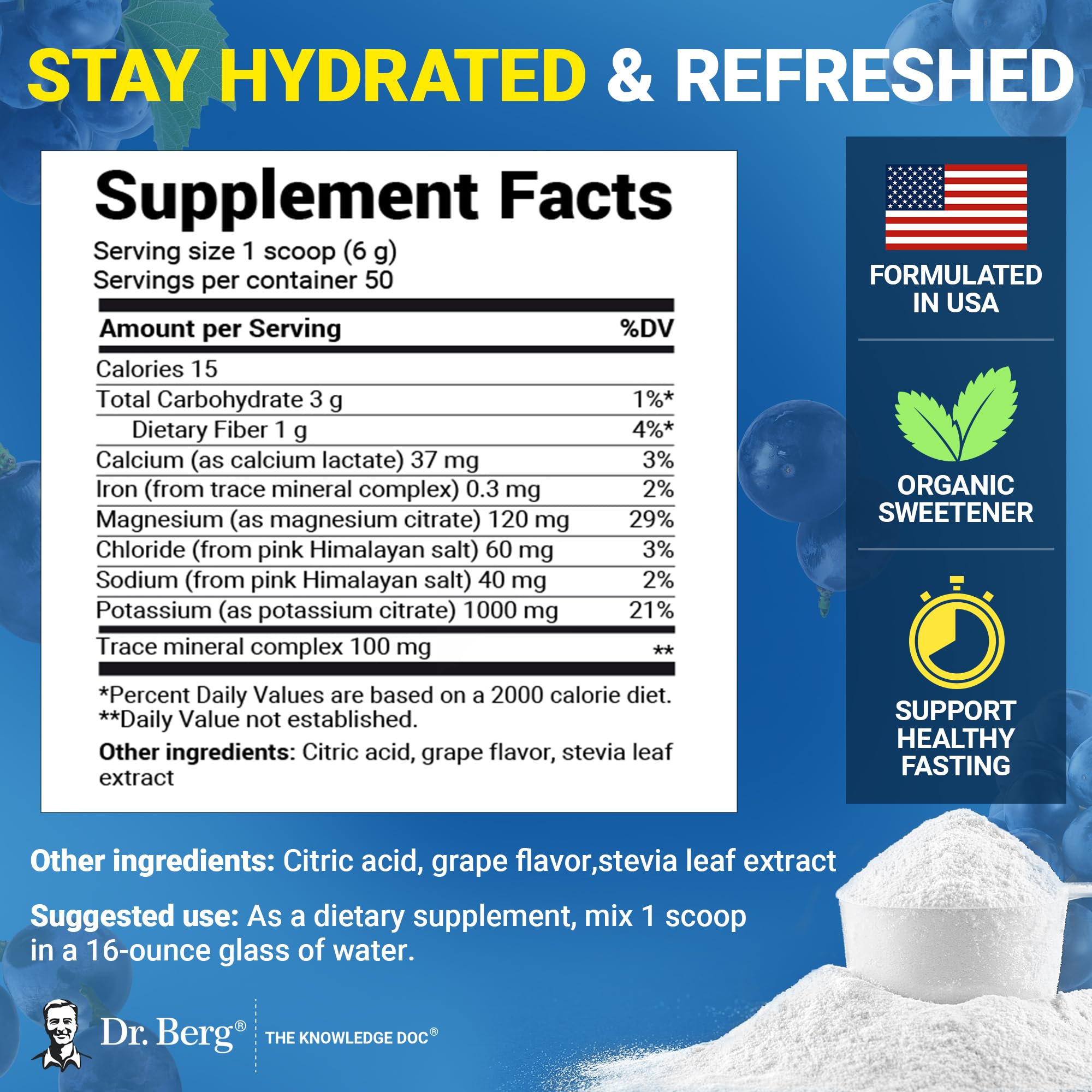 Dr. Berg Zero Sugar Hydration grape scoop ready for convenient electrolyte replenishment.
