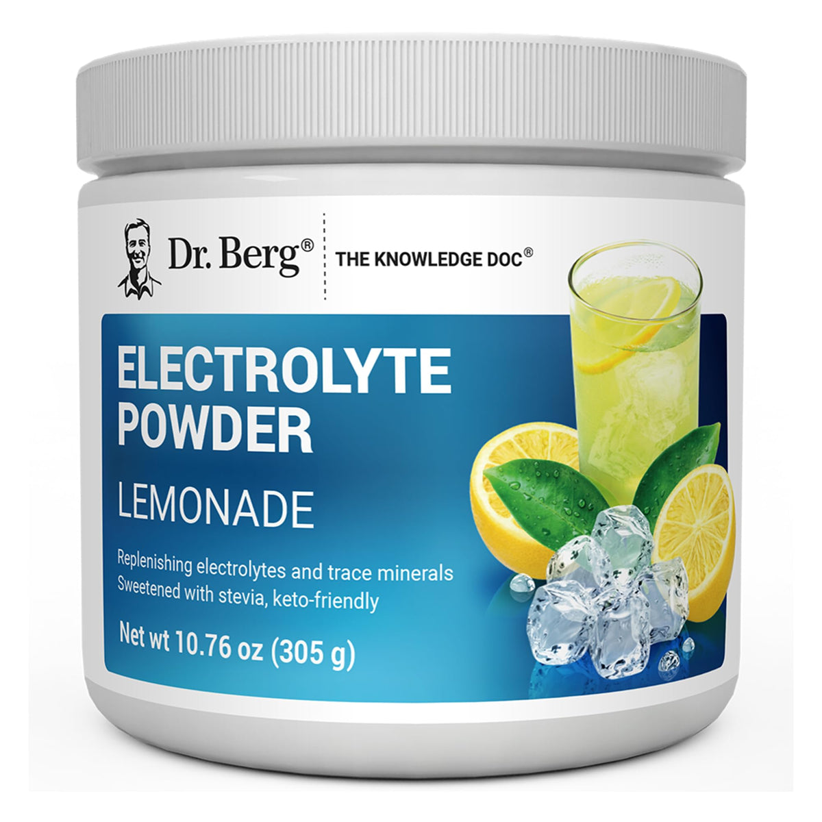 Dr. Berg Zero Sugar Hydration Lemonade powder in tub for sugar-free electrolyte support.