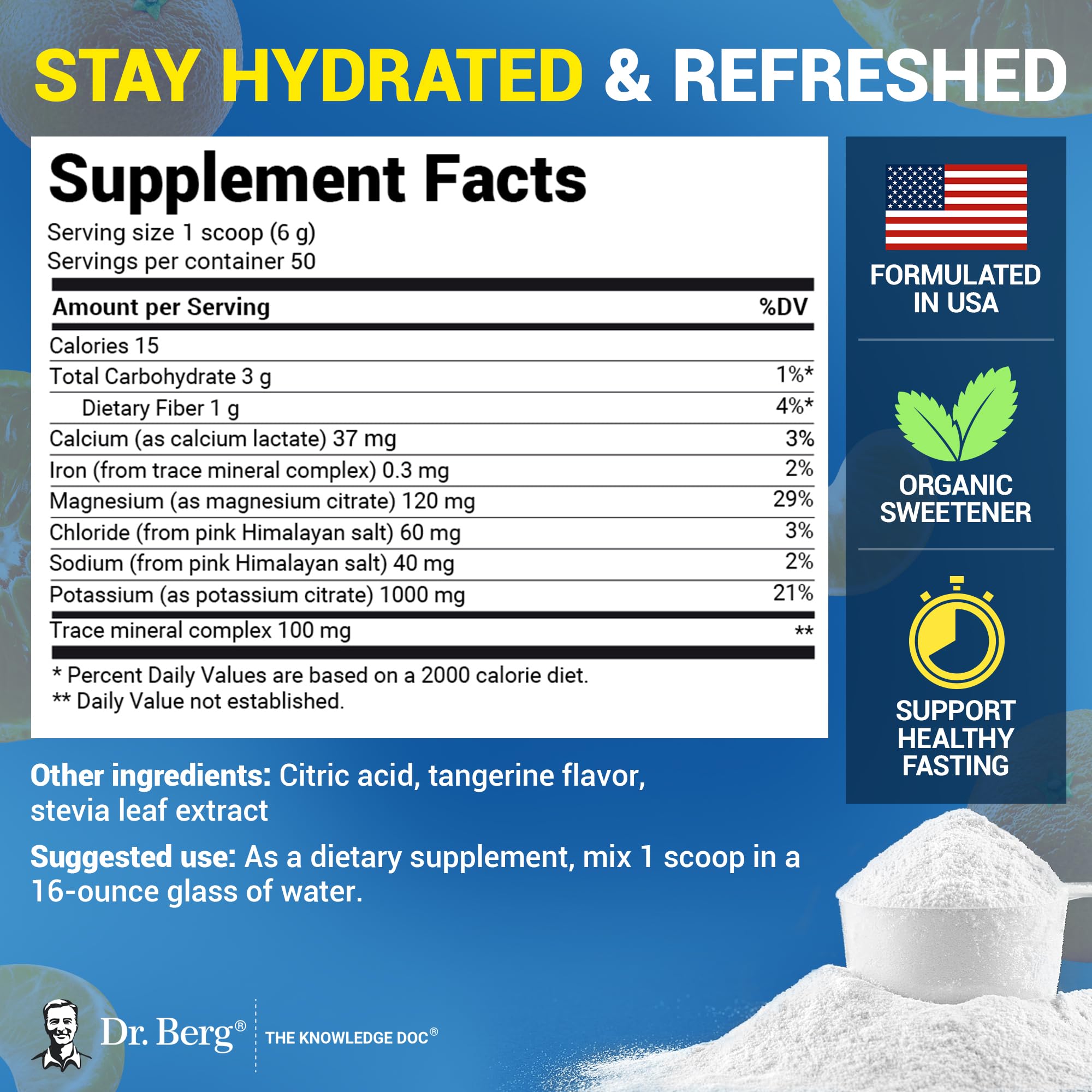 Powder dissolving in water to create a tangy Tangerine hydration drink.
