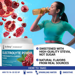 Dr. Berg Nutritionals Pomegranate and Cherry flavor label offering tasty sugar-free refreshment.
