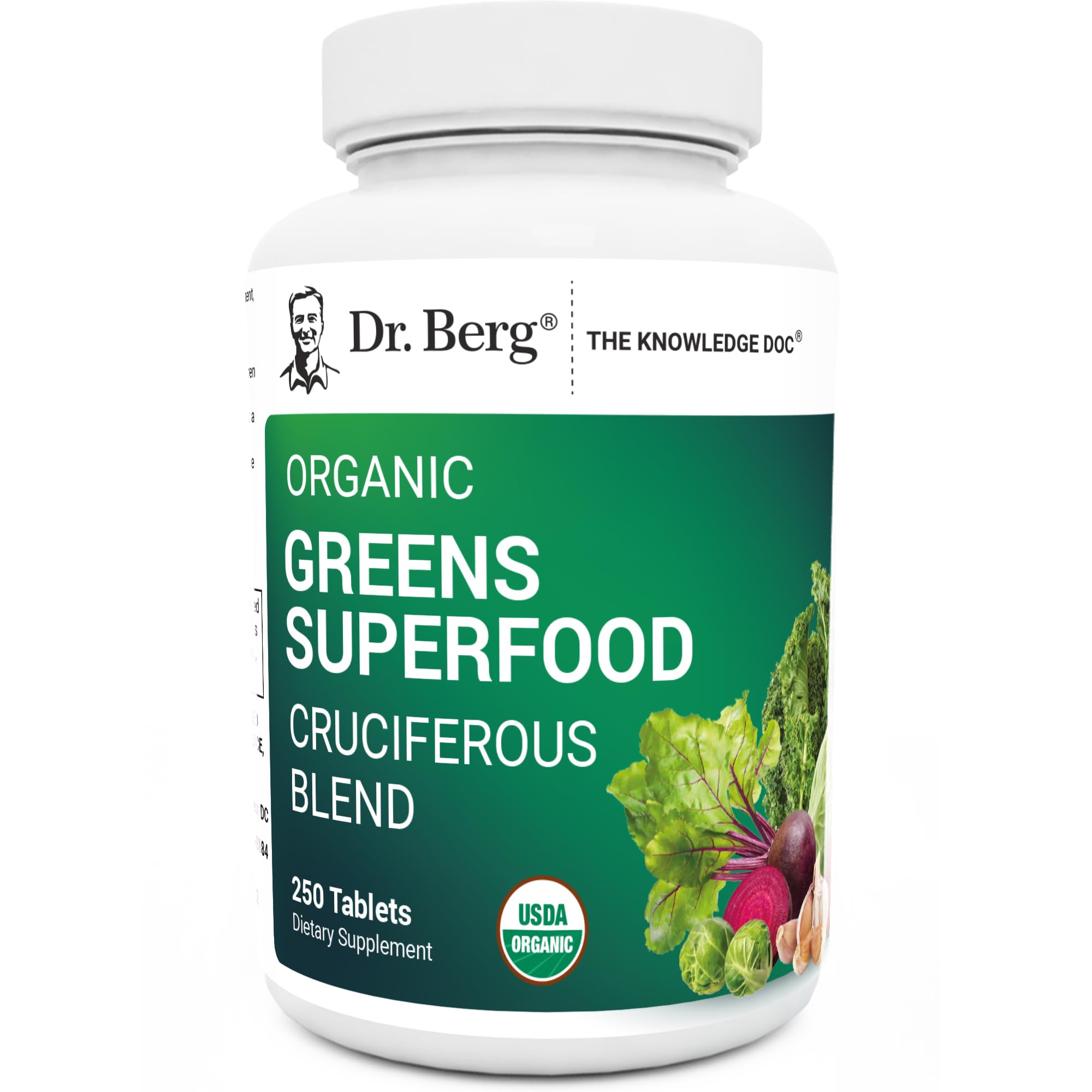 Dr. Berg's Greens bottle front—daily veggie supplement for energy and overall wellness.