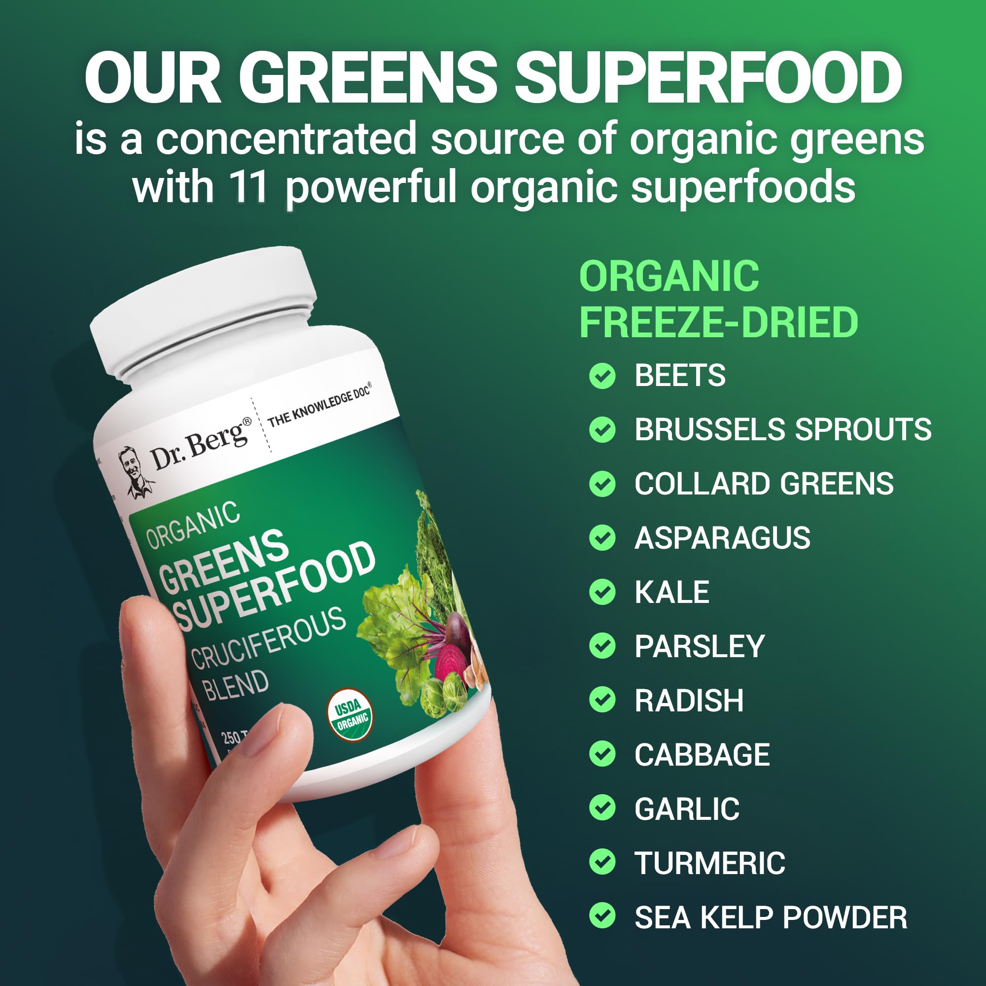 Dr. Berg's Greens label front—organic certification and 250-tablet supply.