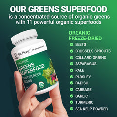 Dr. Berg's Greens label front—organic certification and 250-tablet supply.