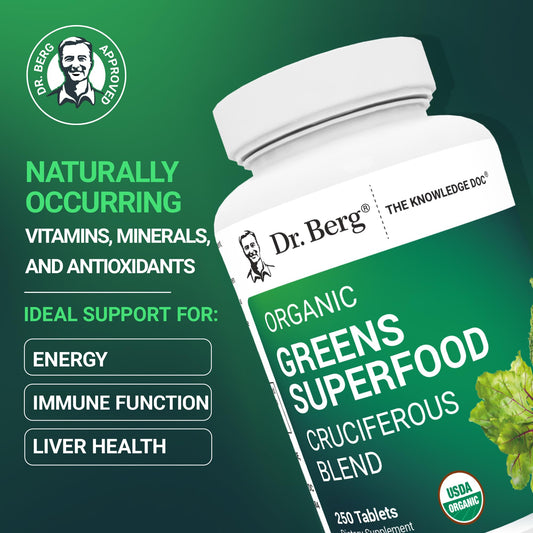 Close-up of Dr. Berg's Greens tablets—compact cruciferous vegetable blend for everyday vitality.