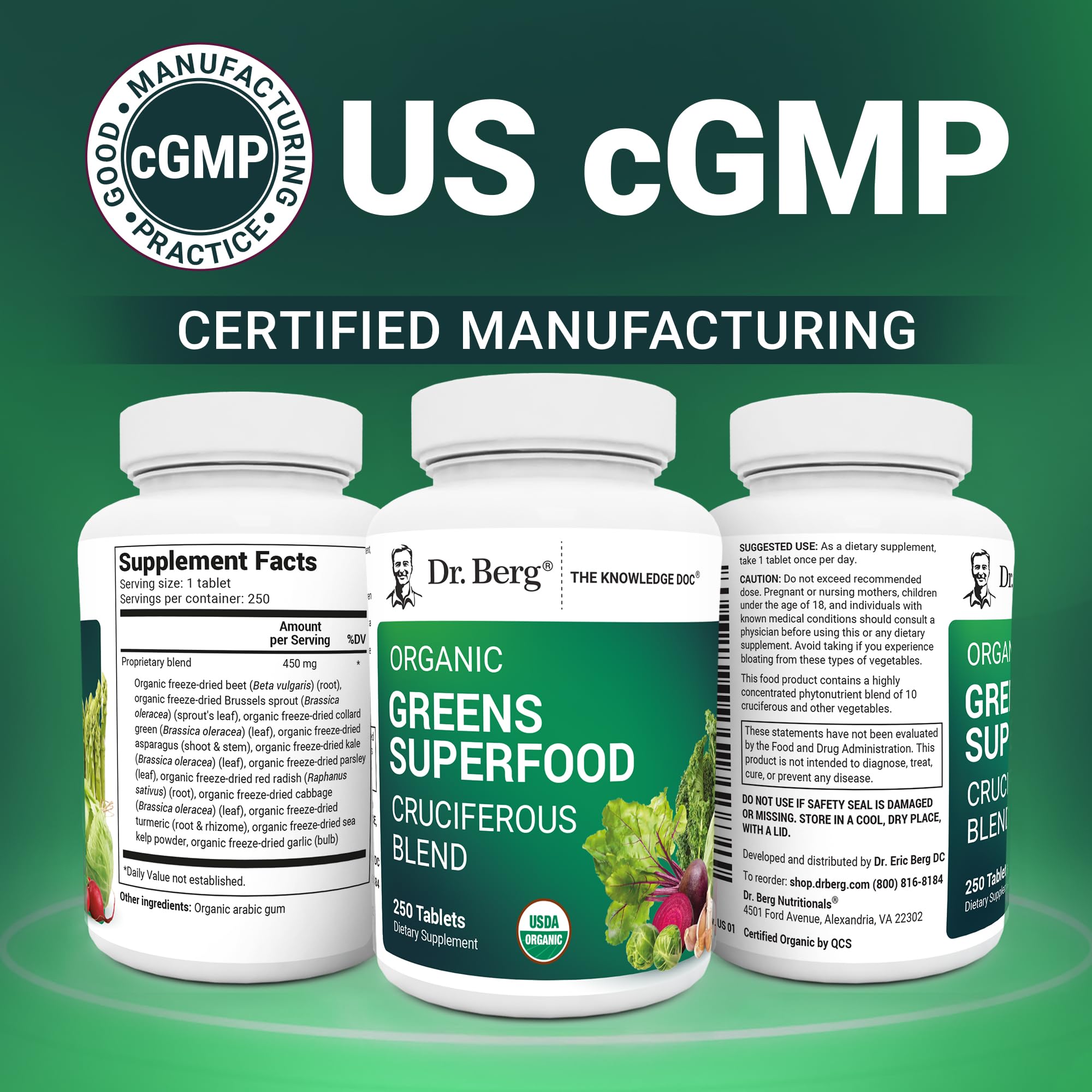 Manufacturing label on Dr. Berg's Greens—trusted US GMP certified quality.