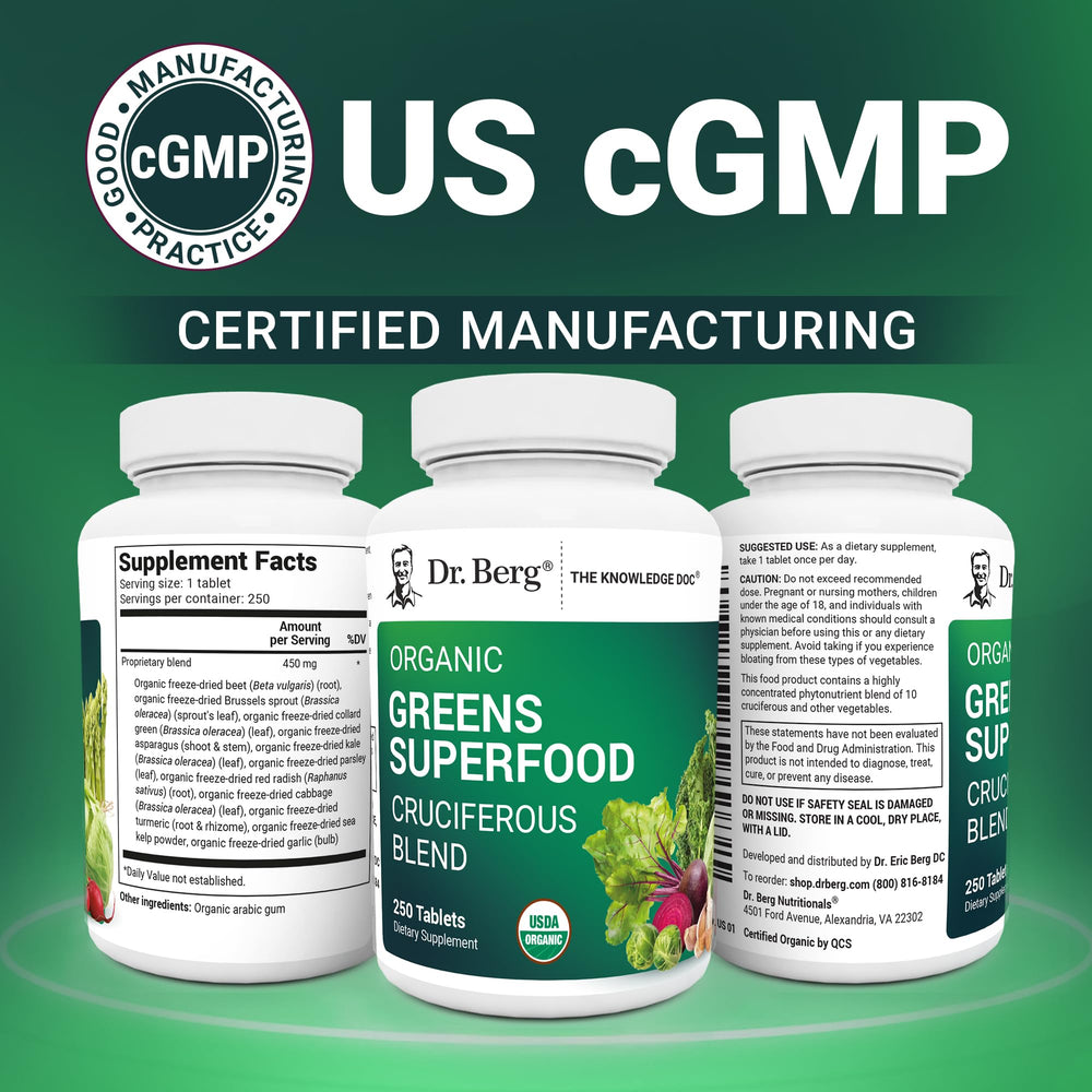 Manufacturing label on Dr. Berg's Greens—trusted US GMP certified quality.