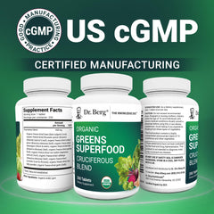 Manufacturing label on Dr. Berg's Greens—trusted US GMP certified quality.