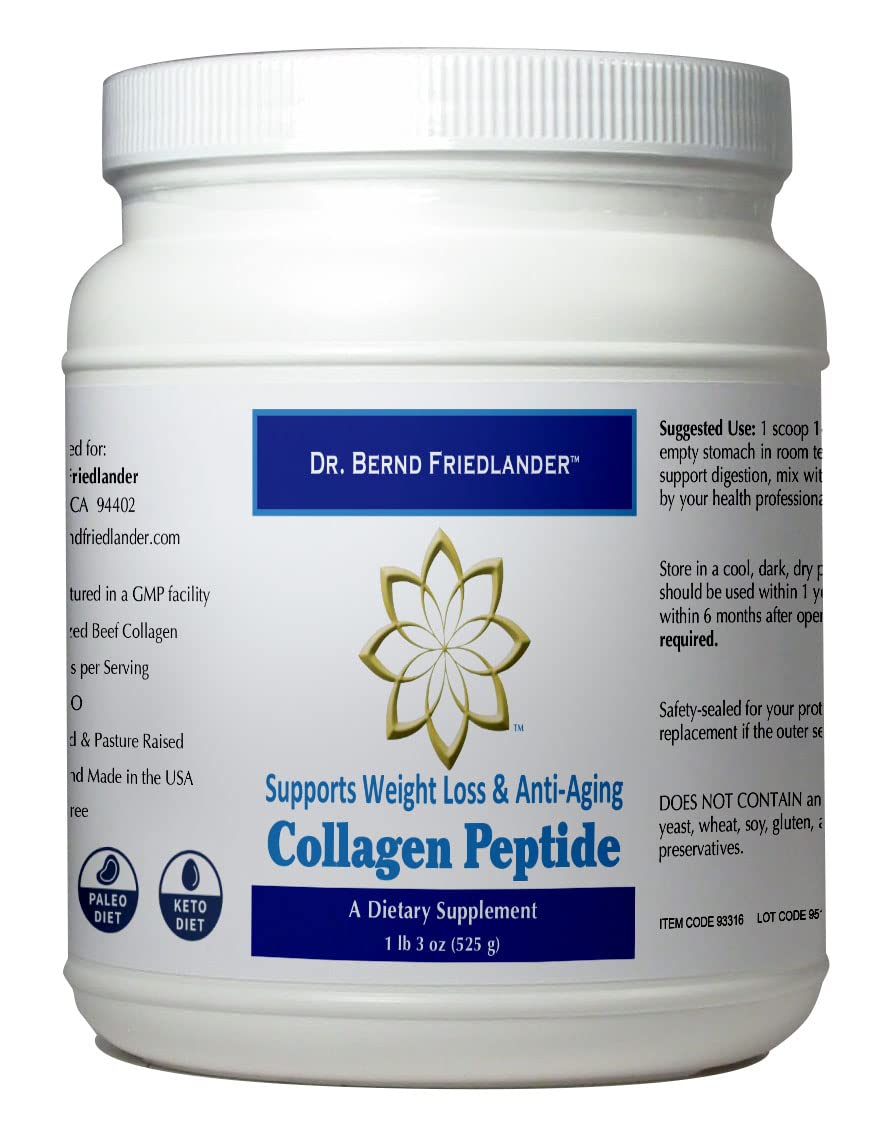 Dr. Bernd Friedlander collagen peptides bottle on kitchen counter for daily nutrition.