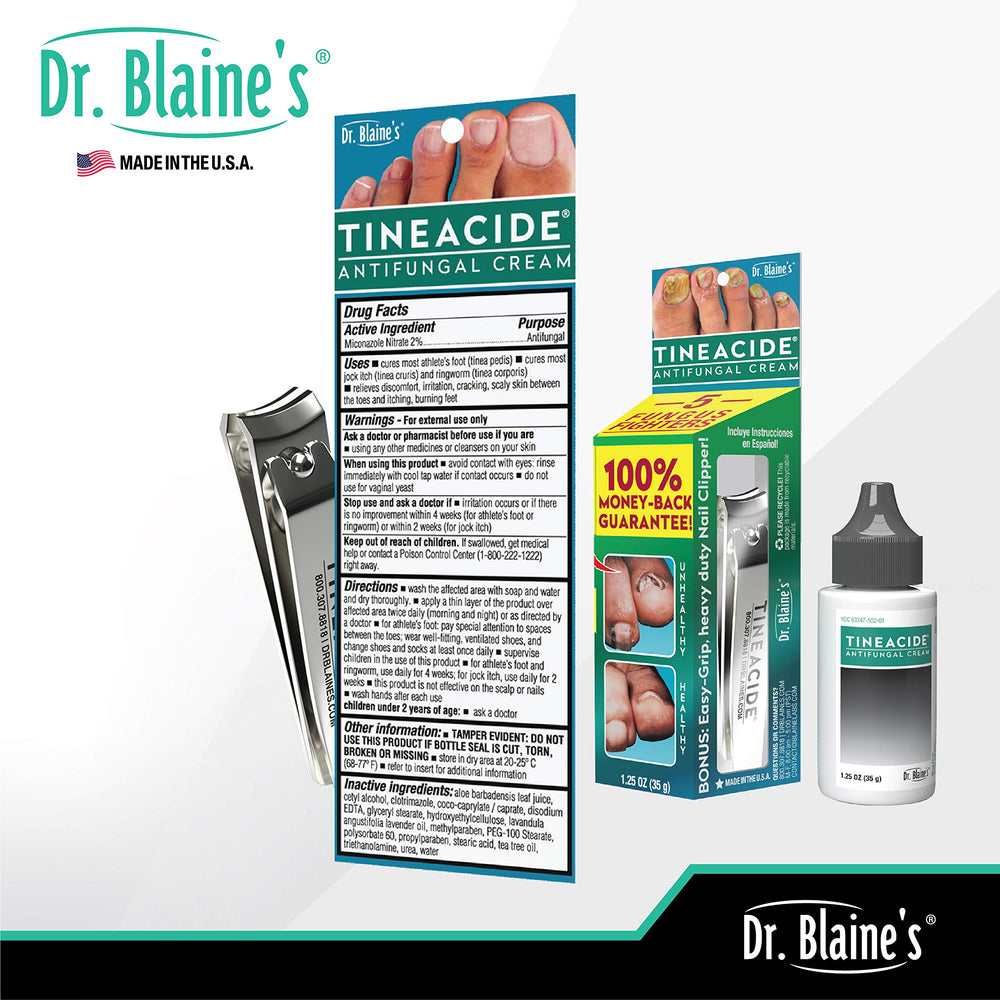 Packaging display of Dr. Blaine's Tineacide three-tube set for convenience.