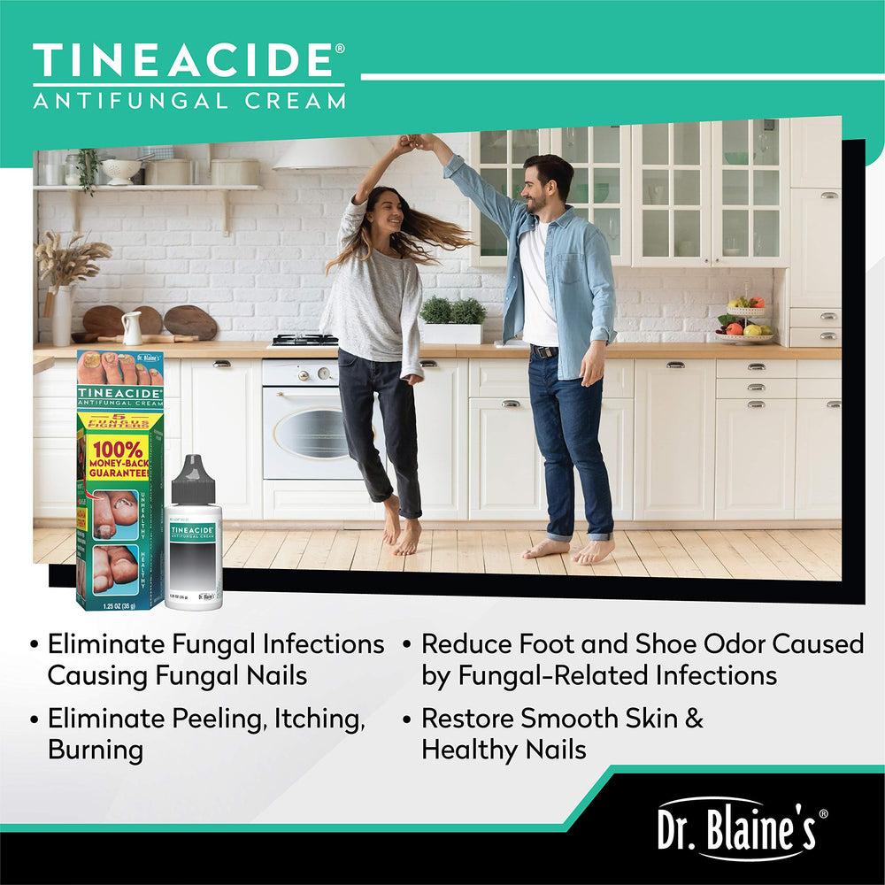 Close-up of Dr. Blaine's Tineacide tube showing antifungal action on feet.