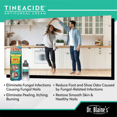 Close-up of Dr. Blaine's Tineacide tube showing antifungal action on feet.