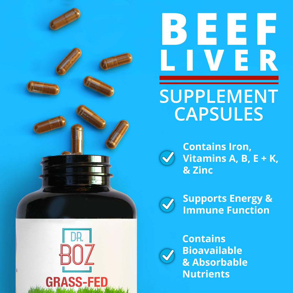 Dr. Boz beef liver capsules bottle pour demonstrates convenient daily serving