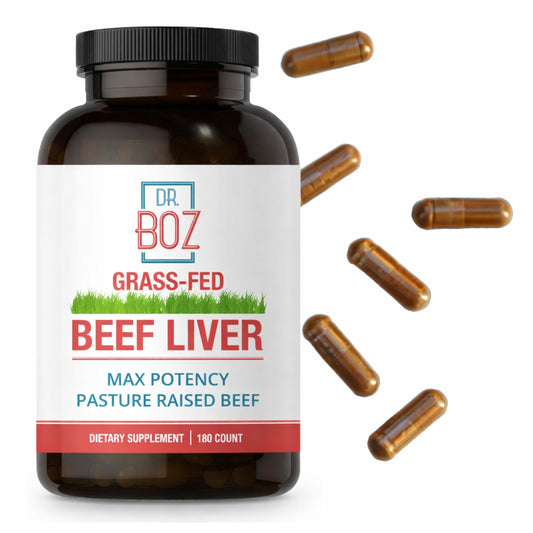 Dr. Boz beef liver capsules bottle shows a nutrient-dense supplement for daily energy